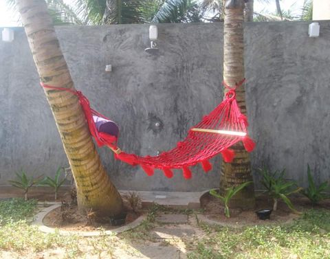 A red hammock strung between two palm trees in the garden at EKA Beach